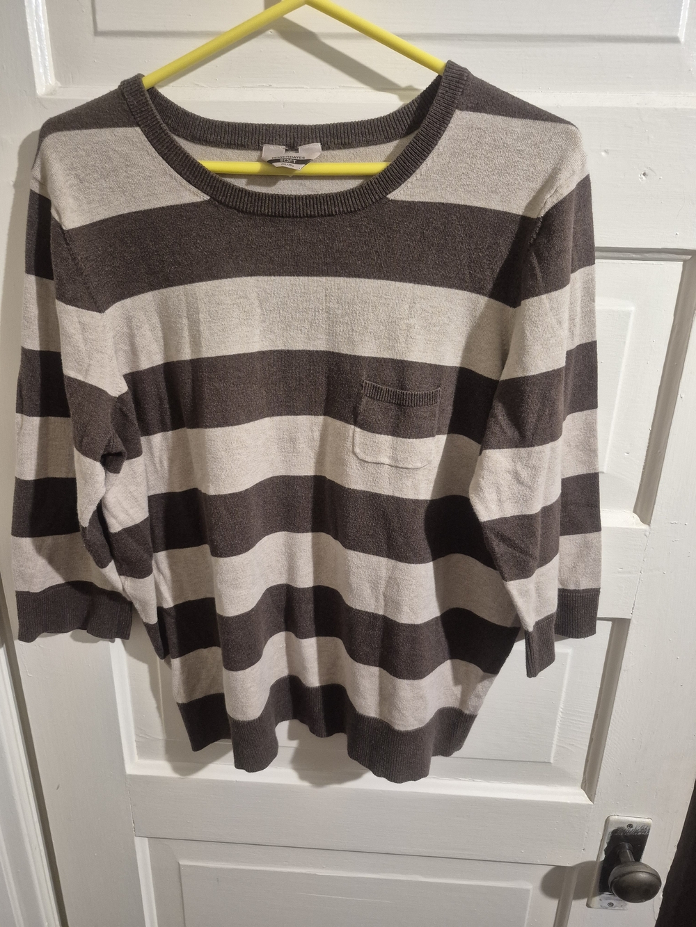 Denver Hayes Soft Striped Cotton Blend Sweater 2XL Brown Cream Chest Pocket - Picture 2 of 7